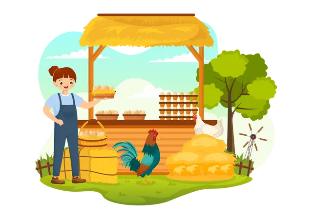 Poultry Farm Vector Illustration With Chickens Roosters Straw Cage And Egg On Scenery Of Green Field Background In Flat Cartoon Design Illustration