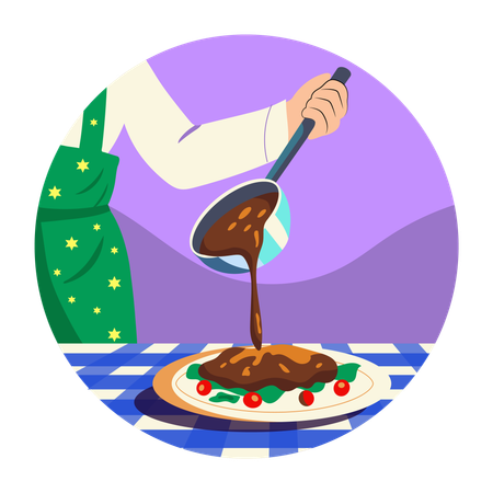 Pouring gravy in condiment plate  Illustration