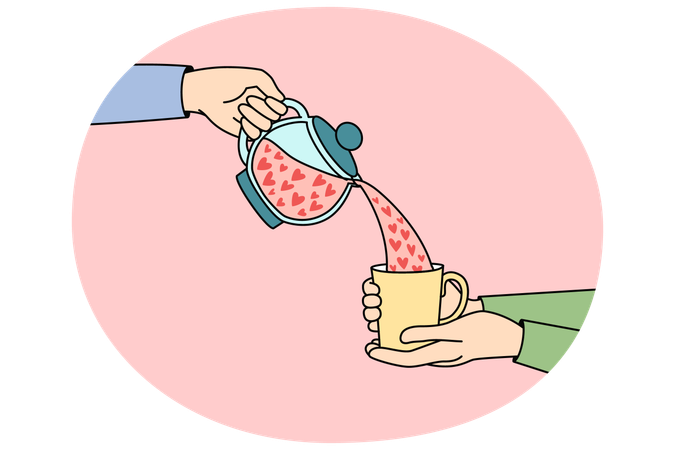 Pouring tea with hearts from teapot to cup  Illustration