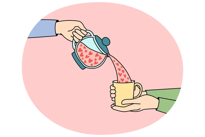 Pouring tea with hearts from teapot to cup  Illustration