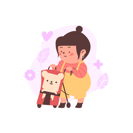 Poussette porte-bébé avec ours en peluche  Illustration