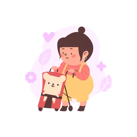 Poussette porte-bébé avec ours en peluche  Illustration