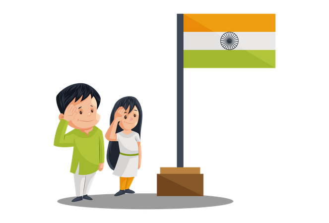 Povo indiano saudando o posto da bandeira indiana no Dia da Independência  Ilustração