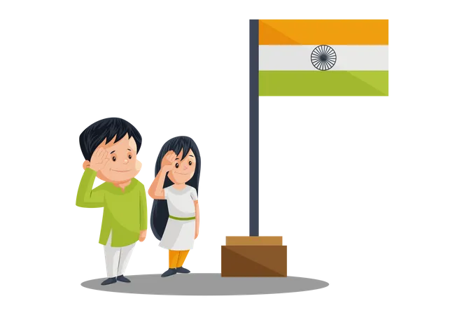 Povo indiano saudando o posto da bandeira indiana no Dia da Independência  Ilustração