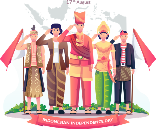 Povo indonésio comemorando o dia da independência da Indonésia em 17 de agosto  Ilustração