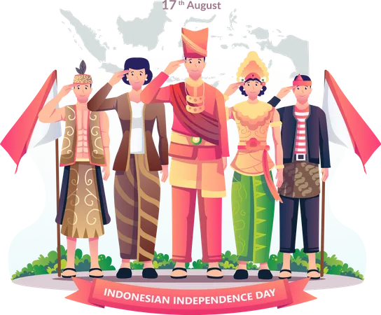 Povo indonésio comemorando o dia da independência da Indonésia em 17 de agosto  Ilustração