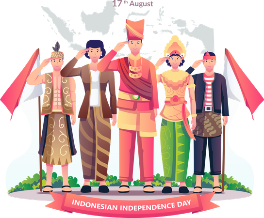 Povo indonésio comemorando o dia da independência da Indonésia em 17 de agosto  Ilustração