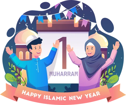 Os Muculmanos Celebram O Ano Novo Islamico Ou O Ano Novo Hijri Feliz Primeiro Ano Muharram Islam Ilustracao Vetorial Em Estilo Simples Ilustração