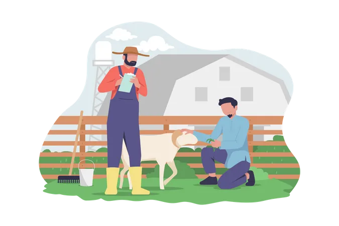 Um Homem Esta Na Fazenda De Cabras Com O Fazendeiro Se Preparando Para A Celebracao Do Eid Al Adha Ilustração
