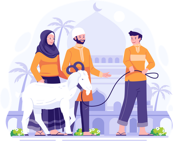 O povo muçulmano traz uma cabra para o Alcorão ou sacrifício no Eid Al Adha  Ilustração