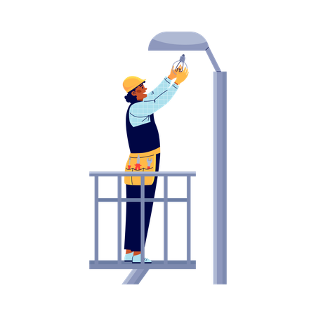 Power lineman fixing street light  Illustration