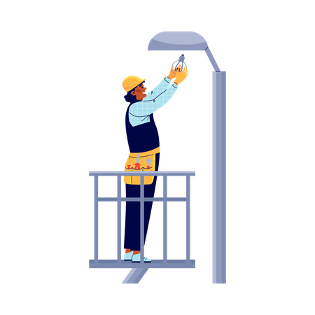 Power lineman or electric replaces bulb on post  Illustration