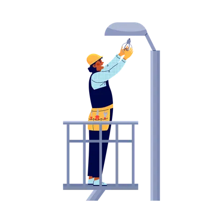 Power lineman or electric replaces bulb on post  Illustration