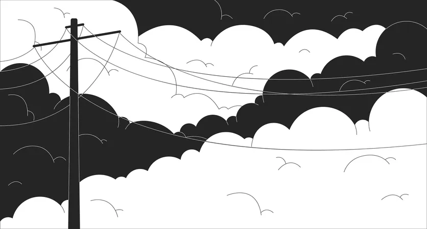 Power Transmission Lines Against Cloudy Sky Outline 2 D Cartoon Background Daybreak Romantic Scene Linear Aesthetic Vector Illustration Dawn Time Beauty Flat Wallpaper Art Monochromatic Lofi Image Illustration
