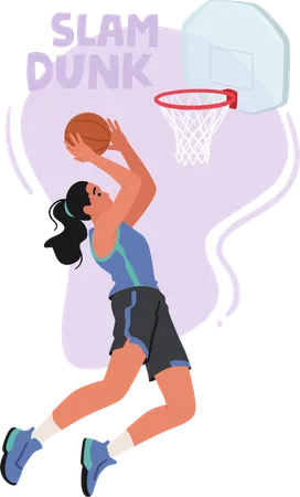 Powerful Female Basketball Player Character Soars Through The Air Executing A Flawless Slam Dunk Her Determination And Athleticism Shine As She Dominates The Court With Grace And Strength Vector Illustration