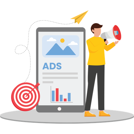 Anunciante PPC executando campanhas publicitárias baseadas em SEO  Ilustração