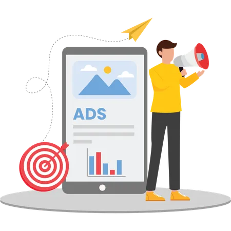 Anunciante PPC executando campanhas publicitárias baseadas em SEO  Ilustração