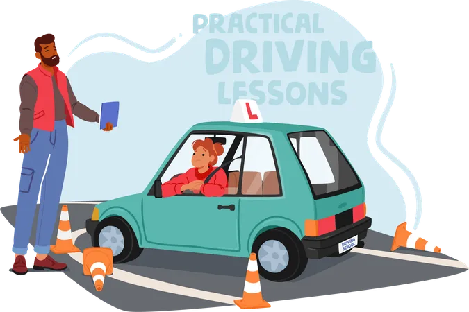 Determined Woman Perfects Her Driving Skills At Driving School Navigating Through Challenges With Focus And Confidence Preparing For A Future Of Independent And Skilled Driving Vector Illustration Illustration