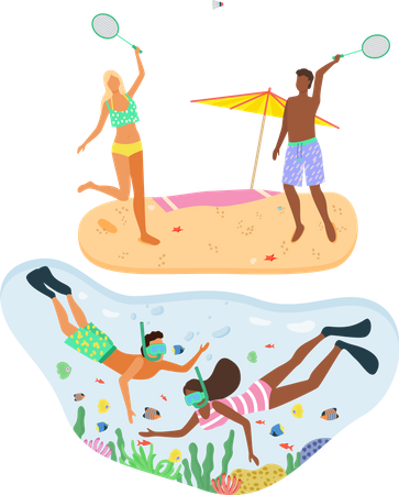 Badminton de praia e mergulho com snorkel na praia  Ilustração