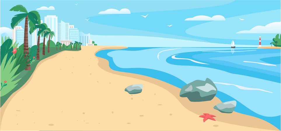 Praia de areia e mar  Ilustração