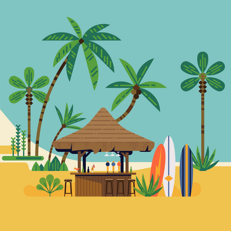 Praia de surf com bar de coquetéis, pranchas de surf e palmeiras  Ilustração