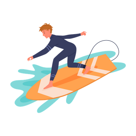 Prancha de surf masculina no oceano  Ilustração