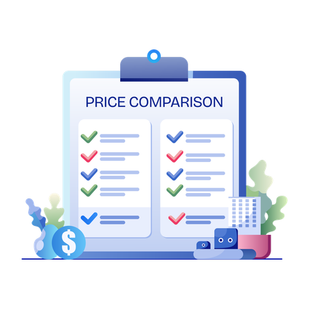 Área de transferência com lista de verificação para comparação de preços  Ilustração
