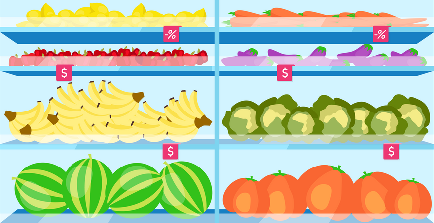 Prateleiras de supermercado com comida vegetariana  Ilustração