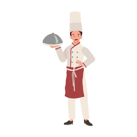 Chef de chapéu e prato de uniforme  Ilustração