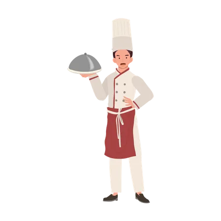 Chef de chapéu e prato de uniforme  Ilustração