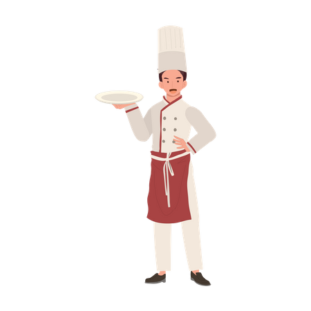 Chef de chapéu e prato de uniforme  Ilustração