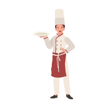 Chef de chapéu e prato de uniforme  Ilustração