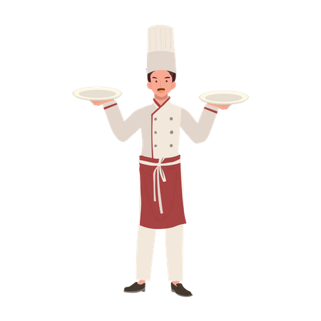 Chef de chapéu e prato de uniforme  Ilustração