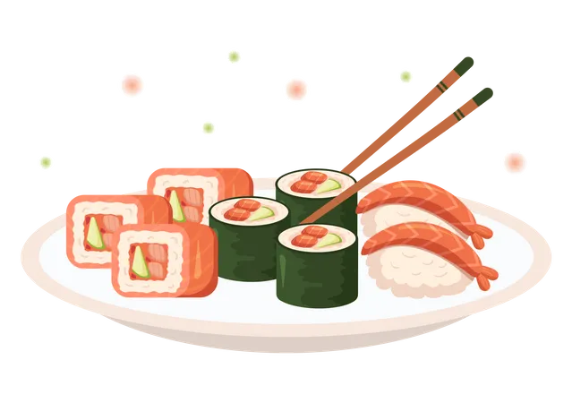 Sushi Bar Japao Comida Asiatica Ou Restaurante De Sashimi E Paezinhos Para Comer Com Molho De Soja E Wasabi Em Modelo Desenhado A Mao Cartoon Ilustracao Plana Ilustração