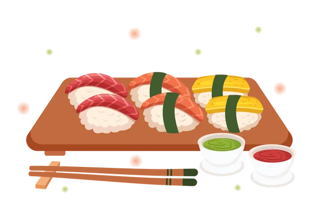 Sushi Bar Japao Comida Asiatica Ou Restaurante De Sashimi E Paezinhos Para Comer Com Molho De Soja E Wasabi Em Modelo Desenhado A Mao Cartoon Ilustracao Plana Ilustração