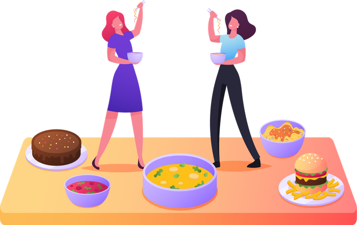 Pratos de comida feminina degustação  Ilustração