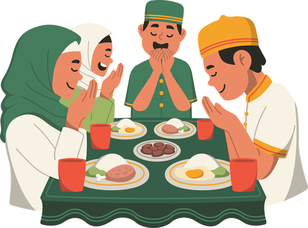 Prayer and Breaking Fast with Family in Ramadan Month Illustration  Illustration