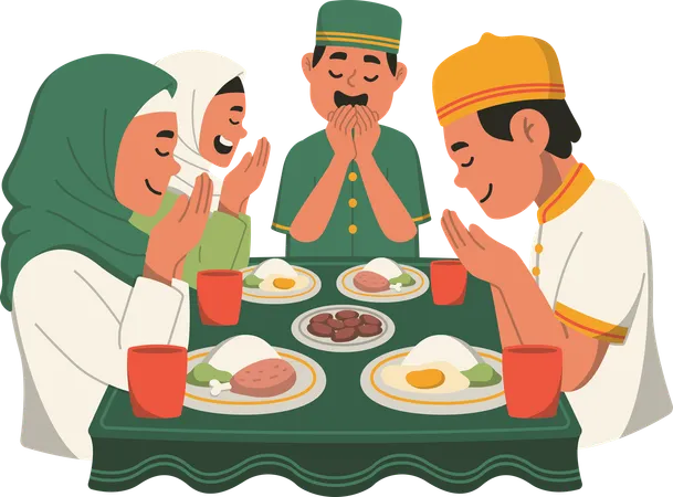 Prayer and Breaking Fast with Family in Ramadan Month Illustration  Illustration