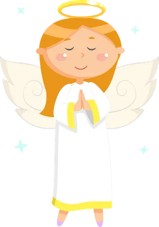 Praying Girl With Wings And Nimbus Papercard Decorated By Glossy Angel In White Dress On Sparking Stars Portrait View Of Flying Kid On Blue Vector Illustration