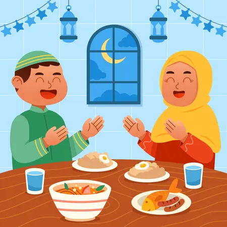 Moslem Couple Eat Breakfast Together Before Dawn Illustration