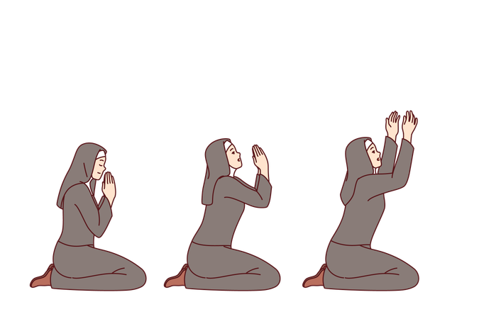 Praying catholic woman in christian cassock and headscarf kneels in different positions  Illustration