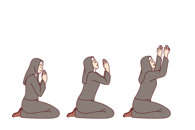 Praying Catholic Woman In Christian Cassock And Headscarf Kneels In Different Positions During Worship In Church Praying Nun Repents To God For Previously Committed Sins Performing Religious Ritual Illustration