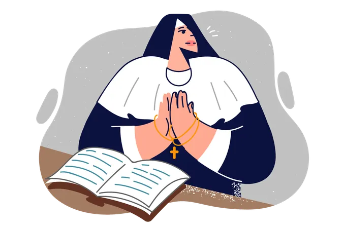 Praying Catholic Woman Stands Near Open Bible And Folds Palms In Front Of Chest Performing Religious Ritual Catholic Nun In Cassock For Worship Reads Literature About Life Of Christian Prophets 일러스트레이션