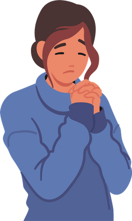 Praying Female Character. Isolated Woman With Closed Eyes And Folded Hands, In An Attitude Of Reverence  Illustration