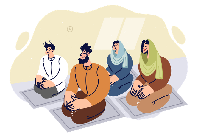 Praying muslim young family kneels on friday prayer mats  Illustration