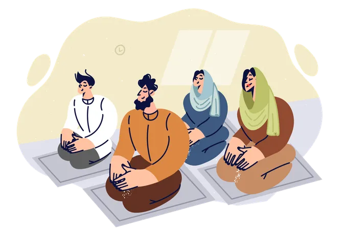 Praying muslim young family kneels on friday prayer mats  Illustration