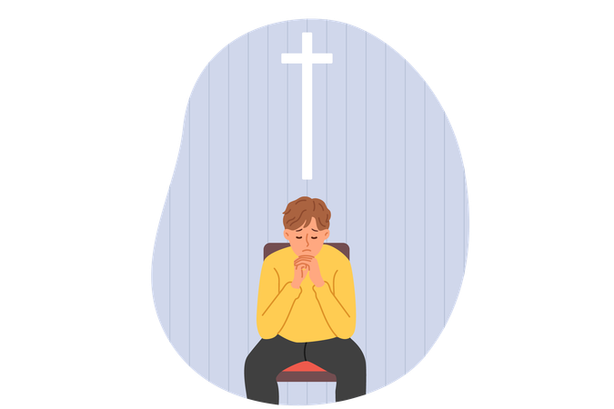 Praying teenage boy cries sitting in church under catholic cross and prays for mother recovery  일러스트레이션