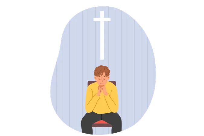Praying teenage boy cries sitting in church under catholic cross and prays for mother recovery  Illustration