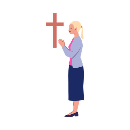 Praying young woman near cross  Illustration