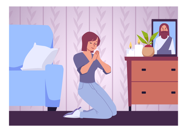 Praying young woman putting palms together sitting on your knees  Illustration